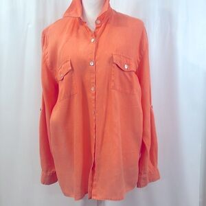 100 % LINEN Studio Works Men's Vibrant Orange Coral color Casual Shirt